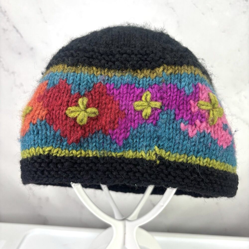 Lost Horizons Knit Beanie Hat fleece Lined 100% Wool OS Cottagecore Hippy Floral
